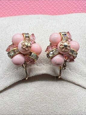 Vintage Vendome Pink Bead Cluster Rhinestone Screw Back Earrings